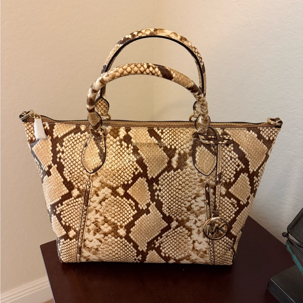 Michael Kors Tan and Brown Snake Print Satchel